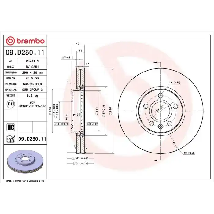 Discofreno Singolo 09.D250.11 BREMBO per VOLVO Subito Disponibile